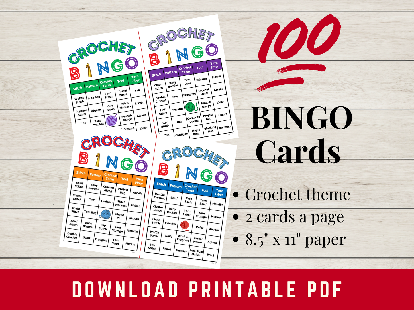 Crochet Bingo, 100 Bingo Cards