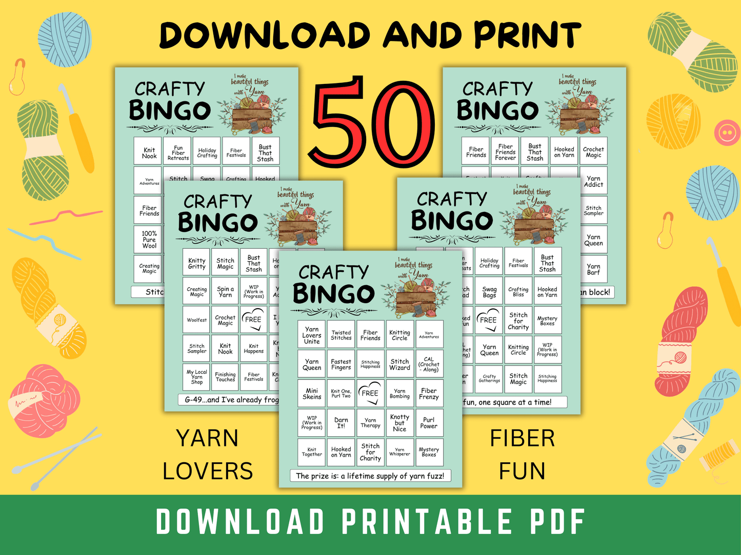 Crafty Bingo for Yarn Lovers, 50 Bingo Cards