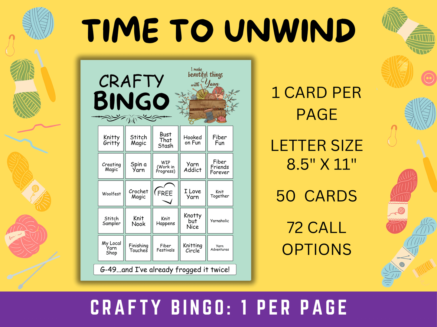 Crafty Bingo for Yarn Lovers, 50 Bingo Cards