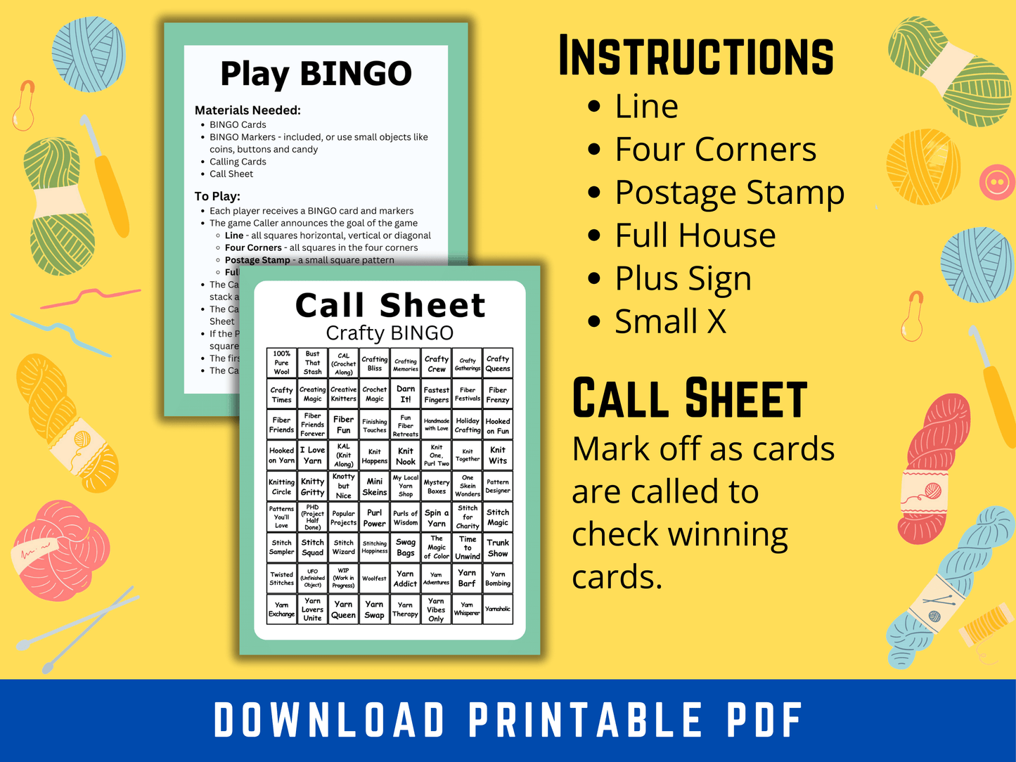 Crafty Bingo for Yarn Lovers, 50 Bingo Cards